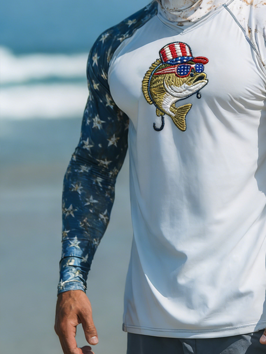 Men's Raglan Sleeve Finger Gloves Face Mask Bass Fish Flag Print Sun Protection Hoodie-SunSeaUp