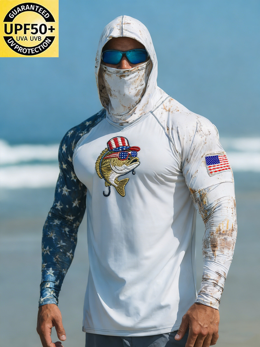 Men's Raglan Sleeve Finger Gloves Face Mask Bass Fish Flag Print Sun Protection Hoodie-SunSeaUp