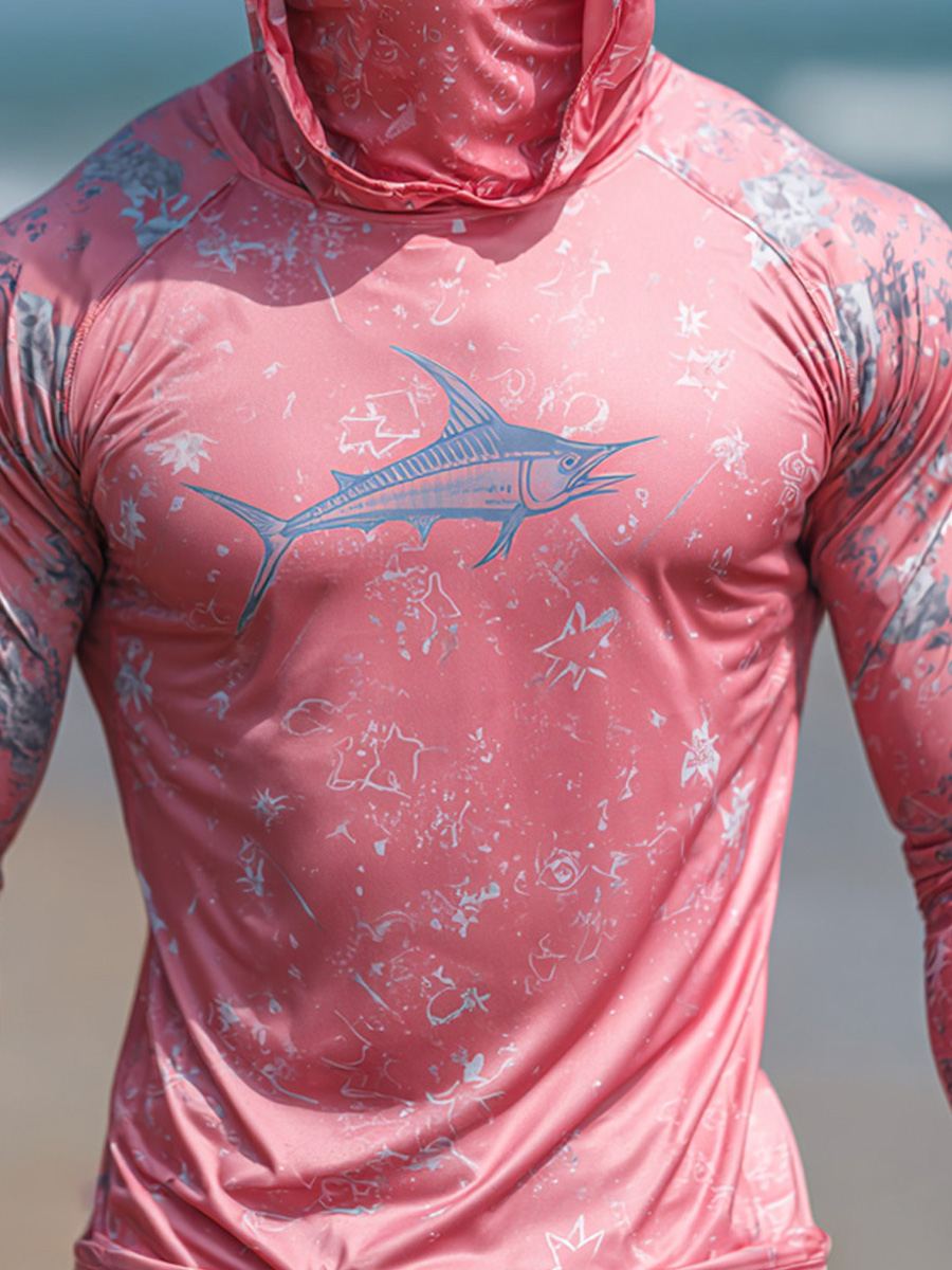 Men's Raglan Sleeve Finger Gloves Face Mask Marlin Print Sun Protection Hoodie-SunSeaUp