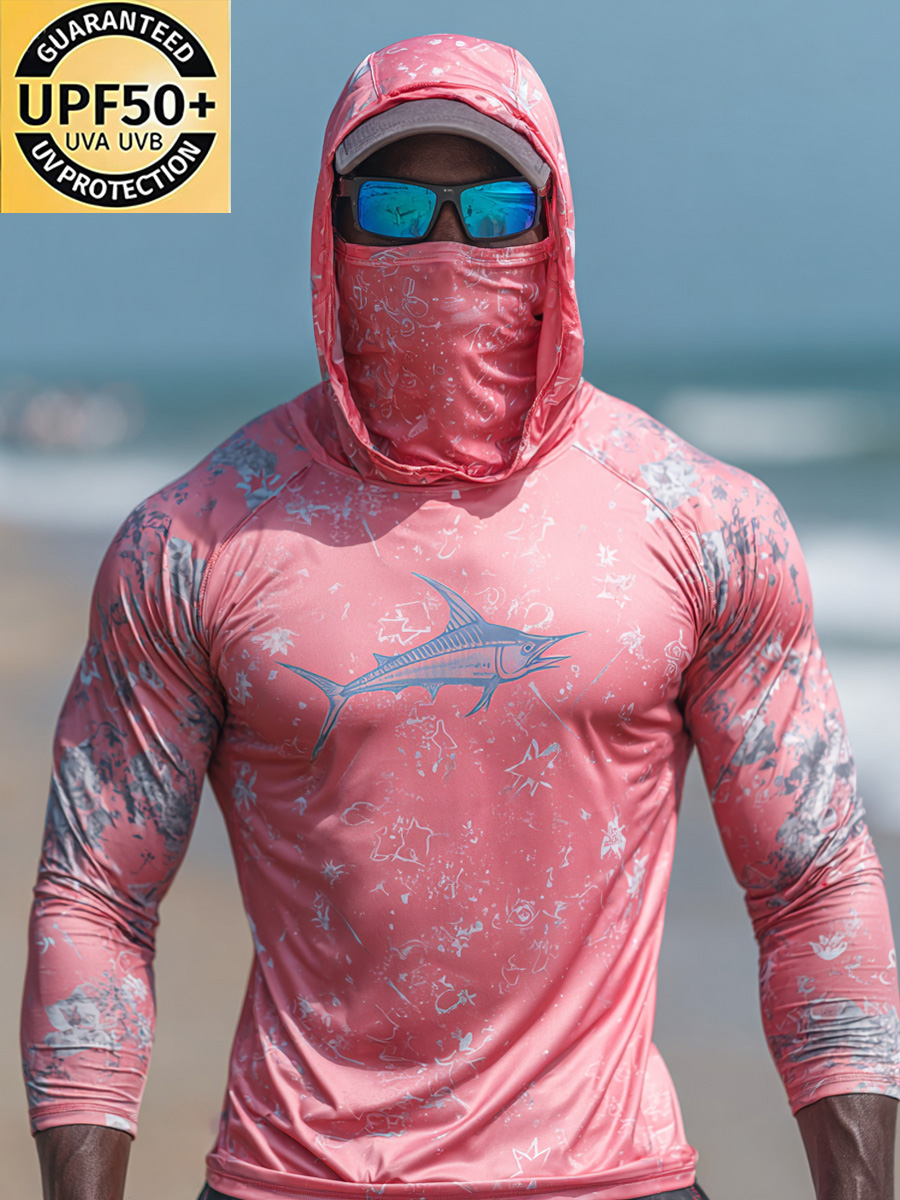 Men's Raglan Sleeve Finger Gloves Face Mask Marlin Print Sun Protection Hoodie-SunSeaUp