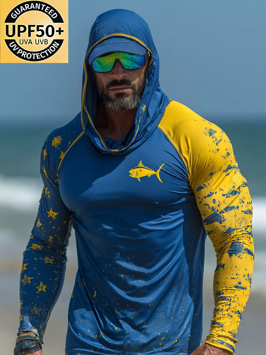 Men'S UPF 50+ Fishing Hoodie With Built-In Mask -Blue And Yellow Splatter Tuna- Quick-Dry Performance Sun Hoodie-SunSeaUp
