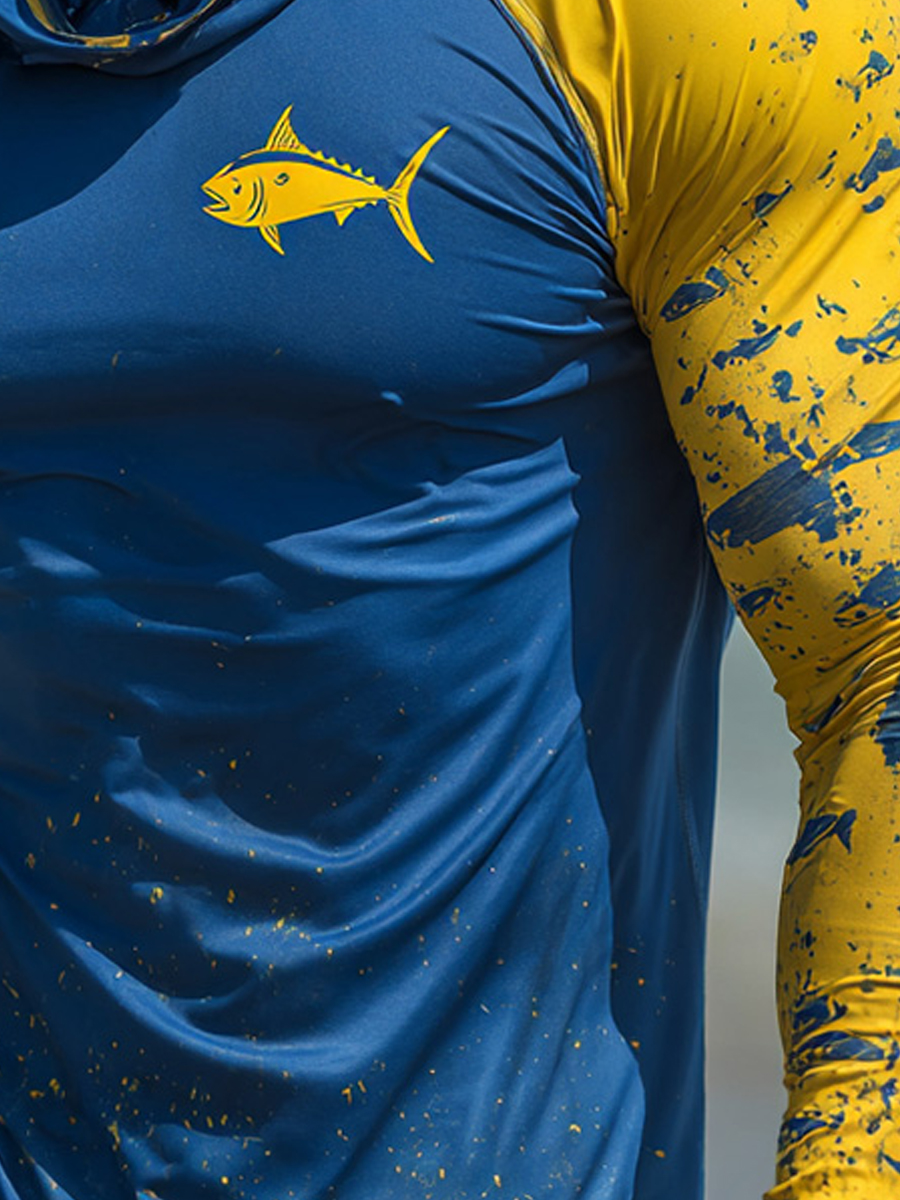 Men'S UPF 50+ Fishing Hoodie With Built-In Mask -Blue And Yellow Splatter Tuna- Quick-Dry Performance Sun Hoodie-SunSeaUp