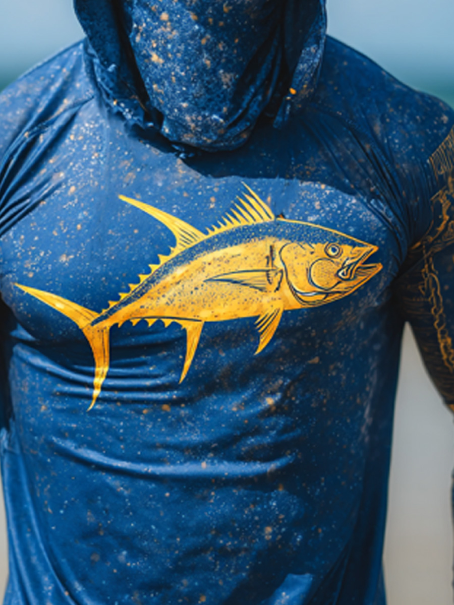 Men'S UPF 50+ Fishing Hoodie With Built-In Mask -Blue-Based Yellowfin Tuna- Quick-Dry Performance Sun Hoodie-SunSeaUp