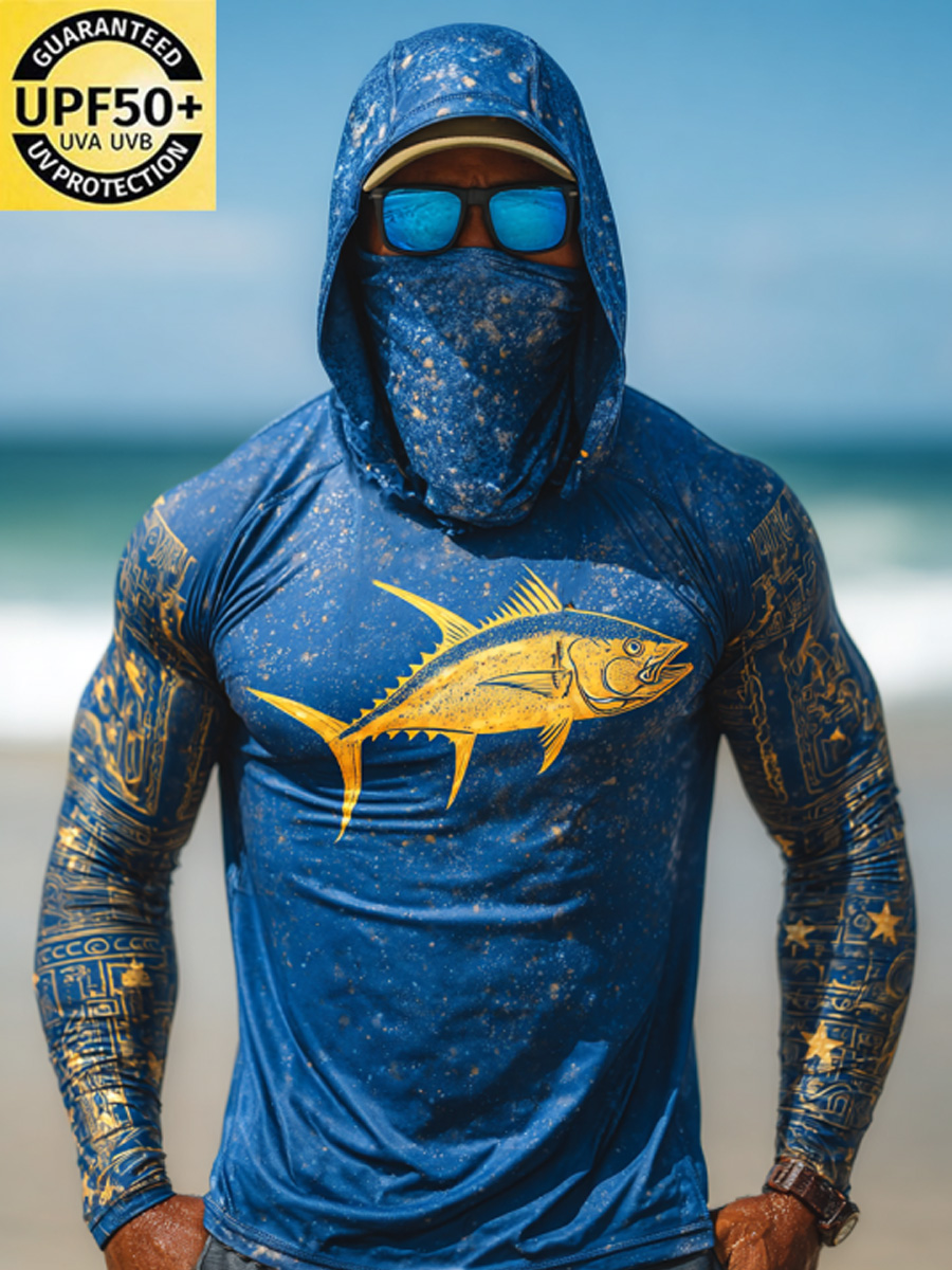 Men'S UPF 50+ Fishing Hoodie With Built-In Mask -Blue-Based Yellowfin Tuna- Quick-Dry Performance Sun Hoodie-SunSeaUp
