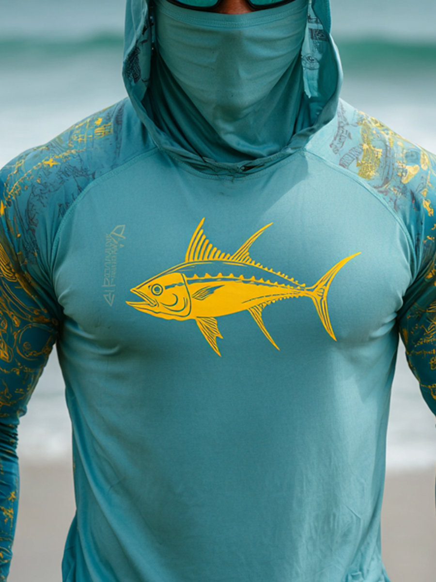 Men's UPF 50+ Sun Protection Hoodie with Built-in Face Mask - Ocean Tuna Graphic Print Design - Quick-Drying High-Performance Sun Protection Hoodie-SunSeaUp
