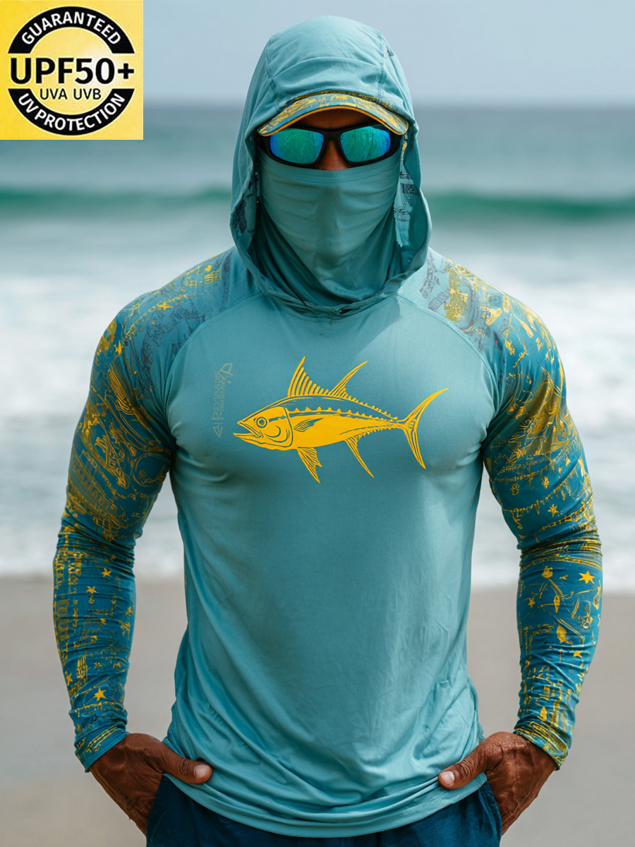 Men's UPF 50+ Sun Protection Hoodie with Built-in Face Mask - Ocean Tuna Graphic Print Design - Quick-Drying High-Performance Sun Protection Hoodie-SunSeaUp
