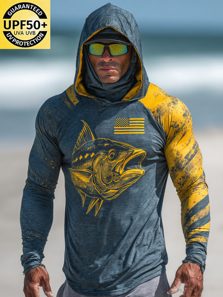 Men's UPF 50+ Sun Protection Hoodie with Built-in Face Mask - Flag Tuna Fish Graphic Print Design - Quick-Drying High-Performance Sun Protection Hoodie-SunSeaUp