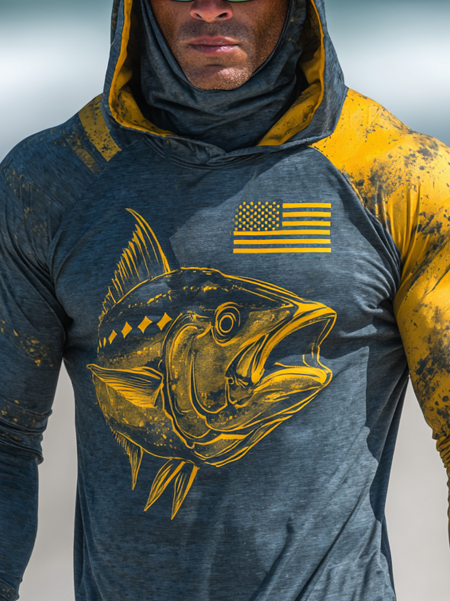 Men's UPF 50+ Sun Protection Hoodie with Built-in Face Mask - Flag Tuna Fish Graphic Print Design - Quick-Drying High-Performance Sun Protection Hoodie-SunSeaUp