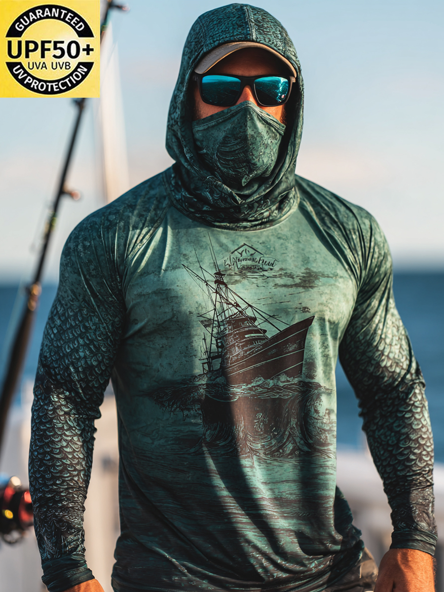 Men's UPF 50+ Hoodie With Built-In Mask - Fishing Boat Ocean Wave Graphic Print - Quick-Dry Performance Sun Protection Hoodie-SunSeaUp