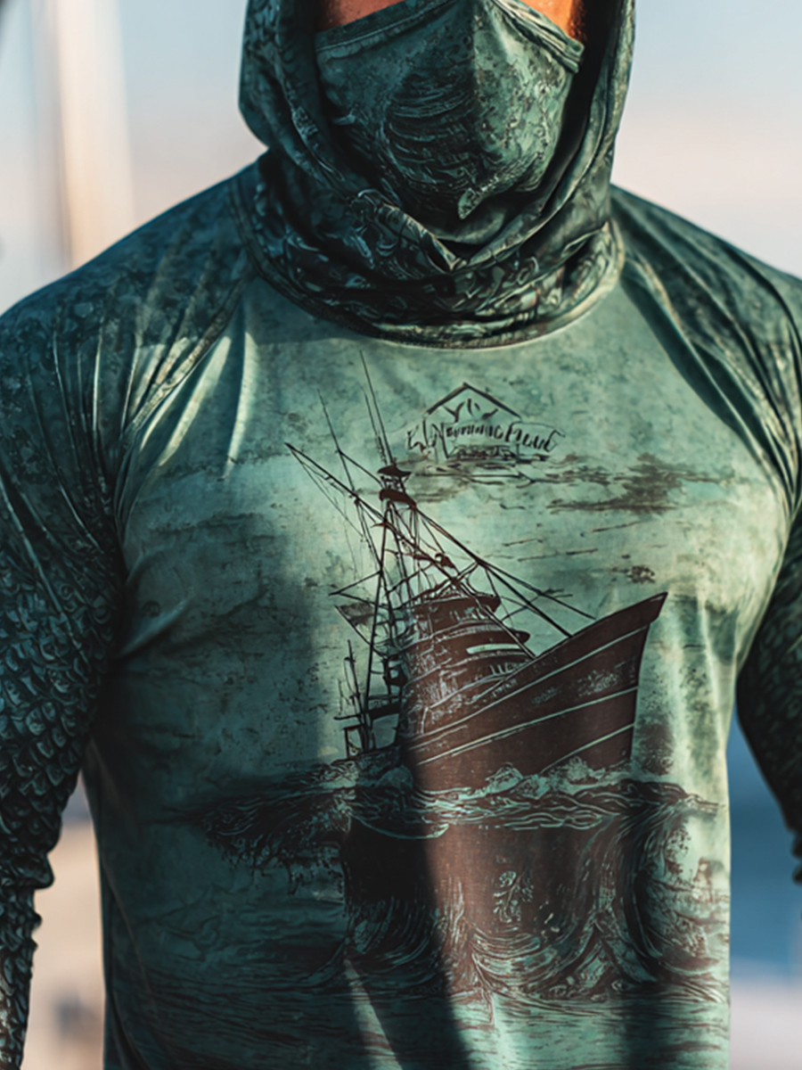 Men's UPF 50+ Hoodie With Built-In Mask - Fishing Boat Ocean Wave Graphic Print - Quick-Dry Performance Sun Protection Hoodie-SunSeaUp