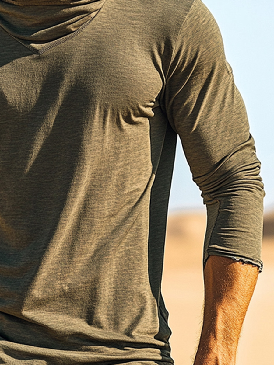 Men's UPF 50+ Hoodie With Built-In Mask - Solid Olive Textured Plain Design - Quick-Dry Performance Sun Protection Hoodie-SunSeaUp