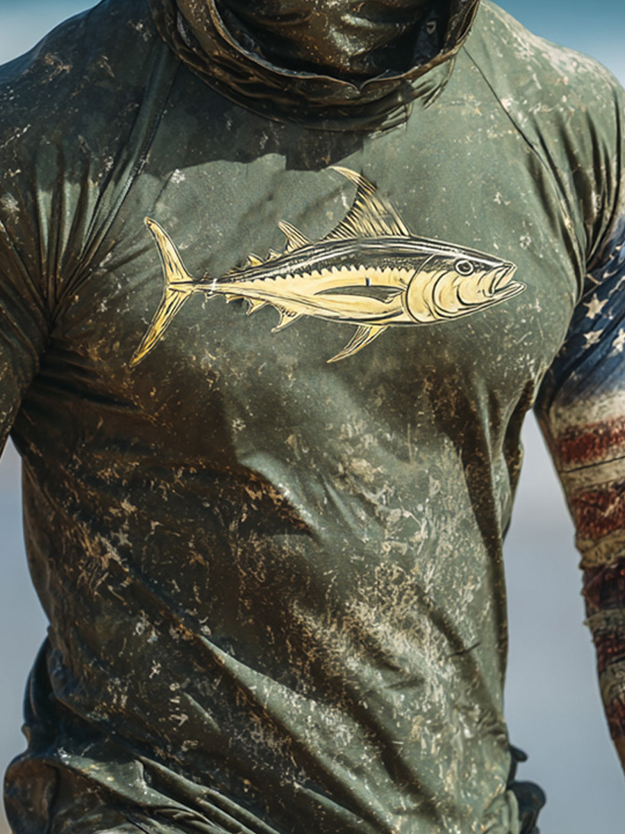 Men's Raglan Sleeve Finger Gloves Face Mask Green Wave Camo Patriotic Flag Fishing Print Sun Protection Hoodie-SunSeaUp