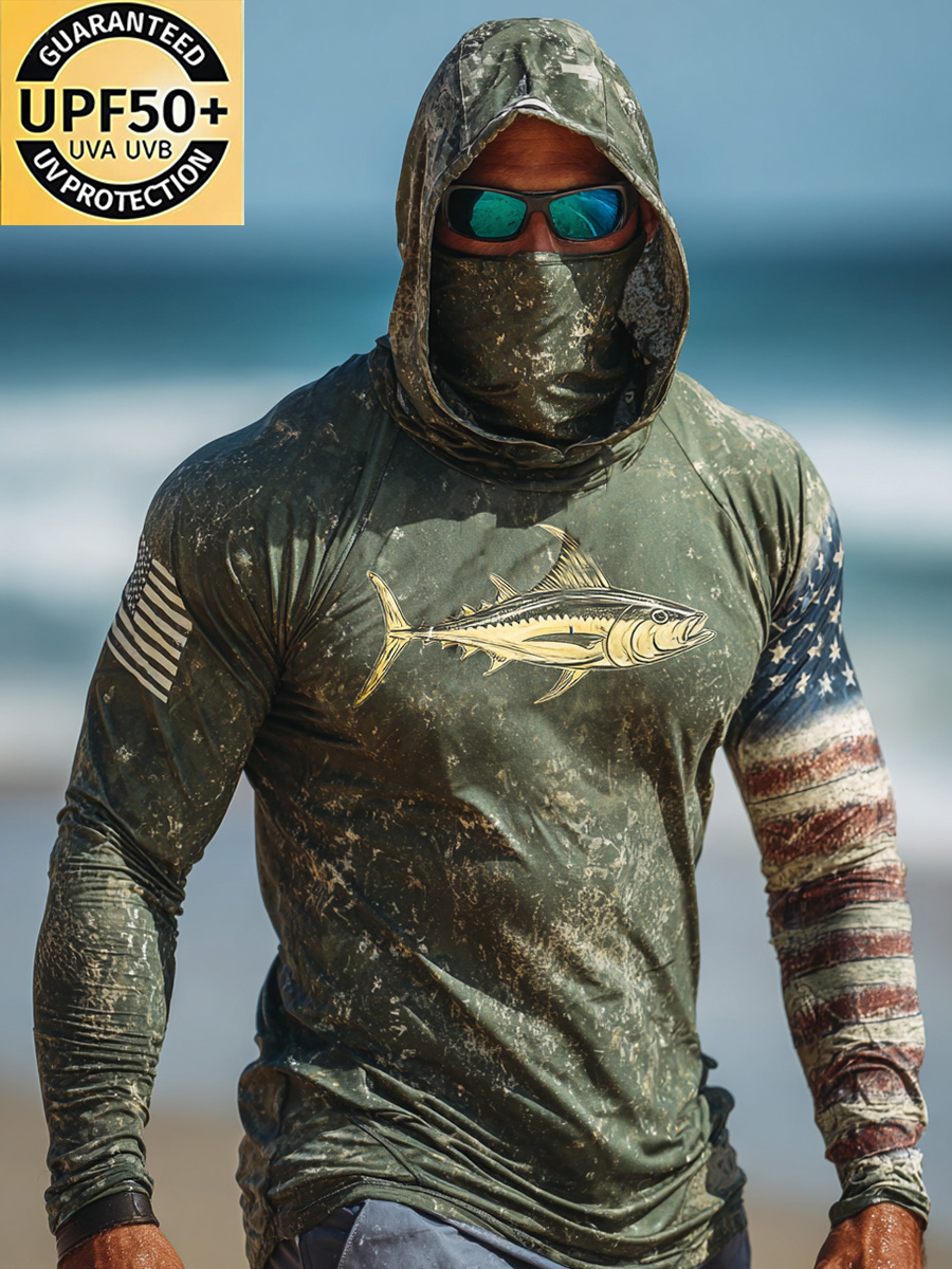 Men's Raglan Sleeve Finger Gloves Face Mask Green Wave Camo Patriotic Flag Fishing Print Sun Protection Hoodie-SunSeaUp