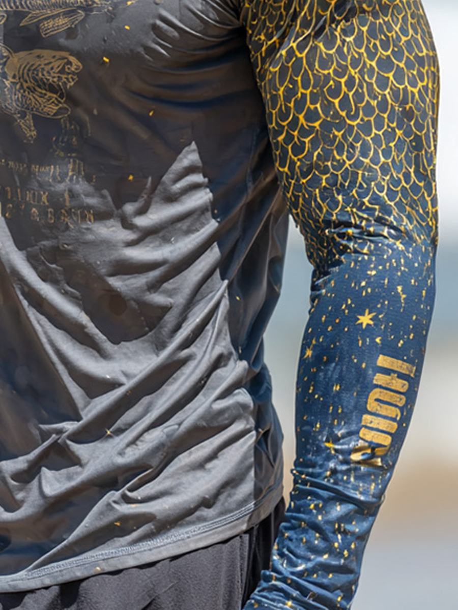Men's Raglan Sleeve Finger Gloves Face Mask Gold Fish Scale Ocean Animal Fishing Print Sun Protection Hoodie-SunSeaUp