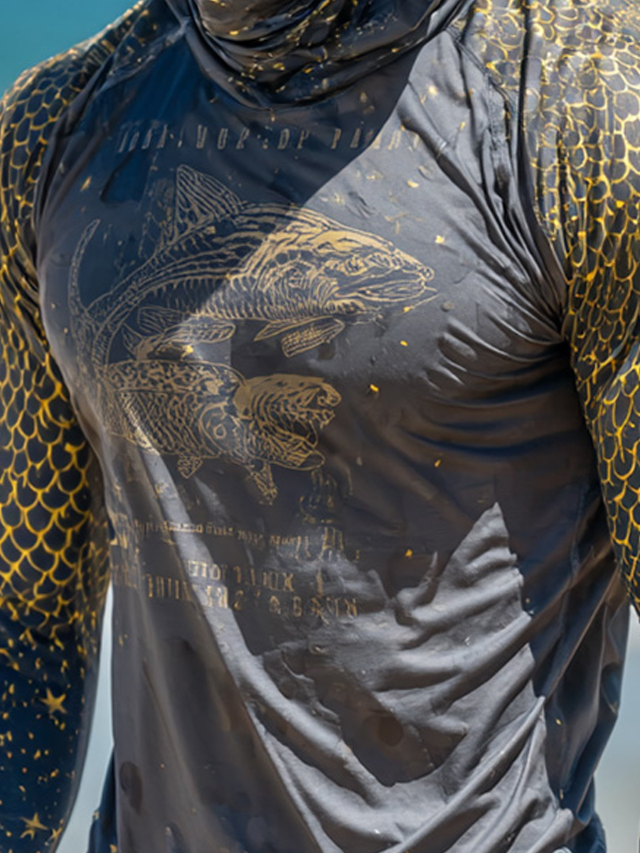 Men's Raglan Sleeve Finger Gloves Face Mask Gold Fish Scale Ocean Animal Fishing Print Sun Protection Hoodie-SunSeaUp
