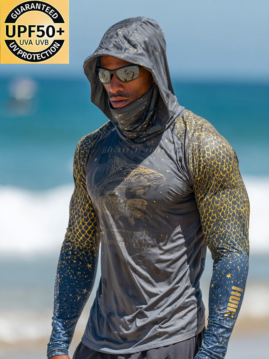 Men's Raglan Sleeve Finger Gloves Face Mask Gold Fish Scale Ocean Animal Fishing Print Sun Protection Hoodie-SunSeaUp
