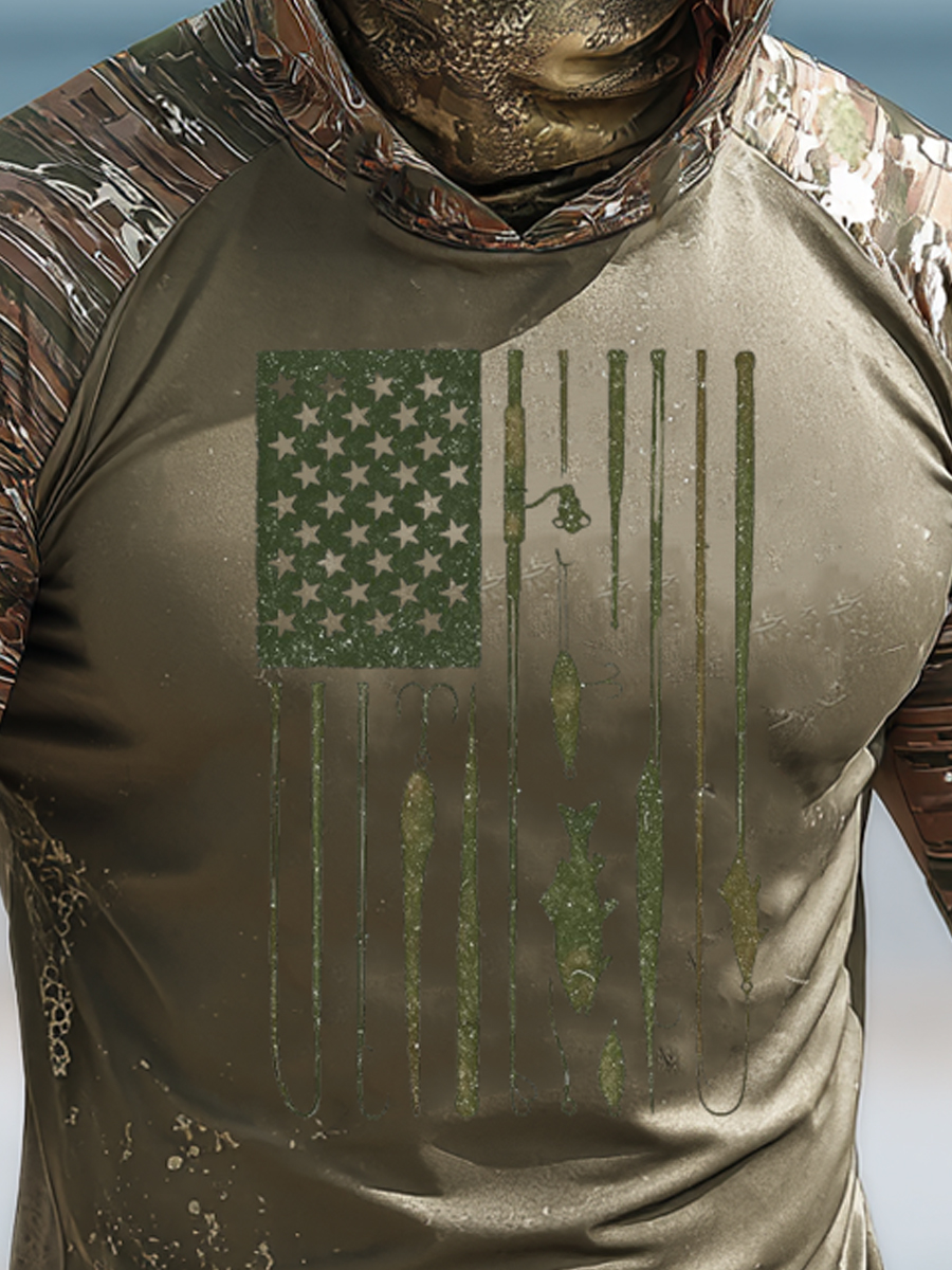Men's Raglan Sleeve Finger Gloves Face Mask Fishing Rod Flag Camo Print Sun Protection Hoodie-SunSeaUp