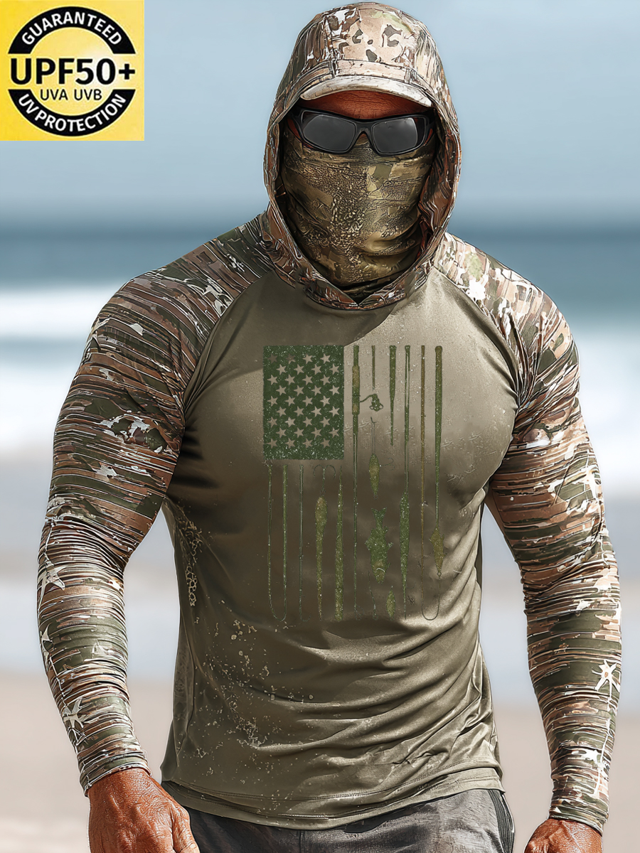 Men's Raglan Sleeve Finger Gloves Face Mask Fishing Rod Flag Camo Print Sun Protection Hoodie-SunSeaUp