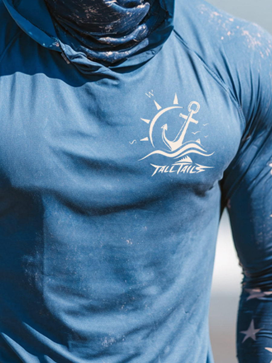 Men's Raglan Sleeve Finger Gloves Face Mask Anchor Nautical Star Flag Print Sun Protection Hoodie-SunSeaUp