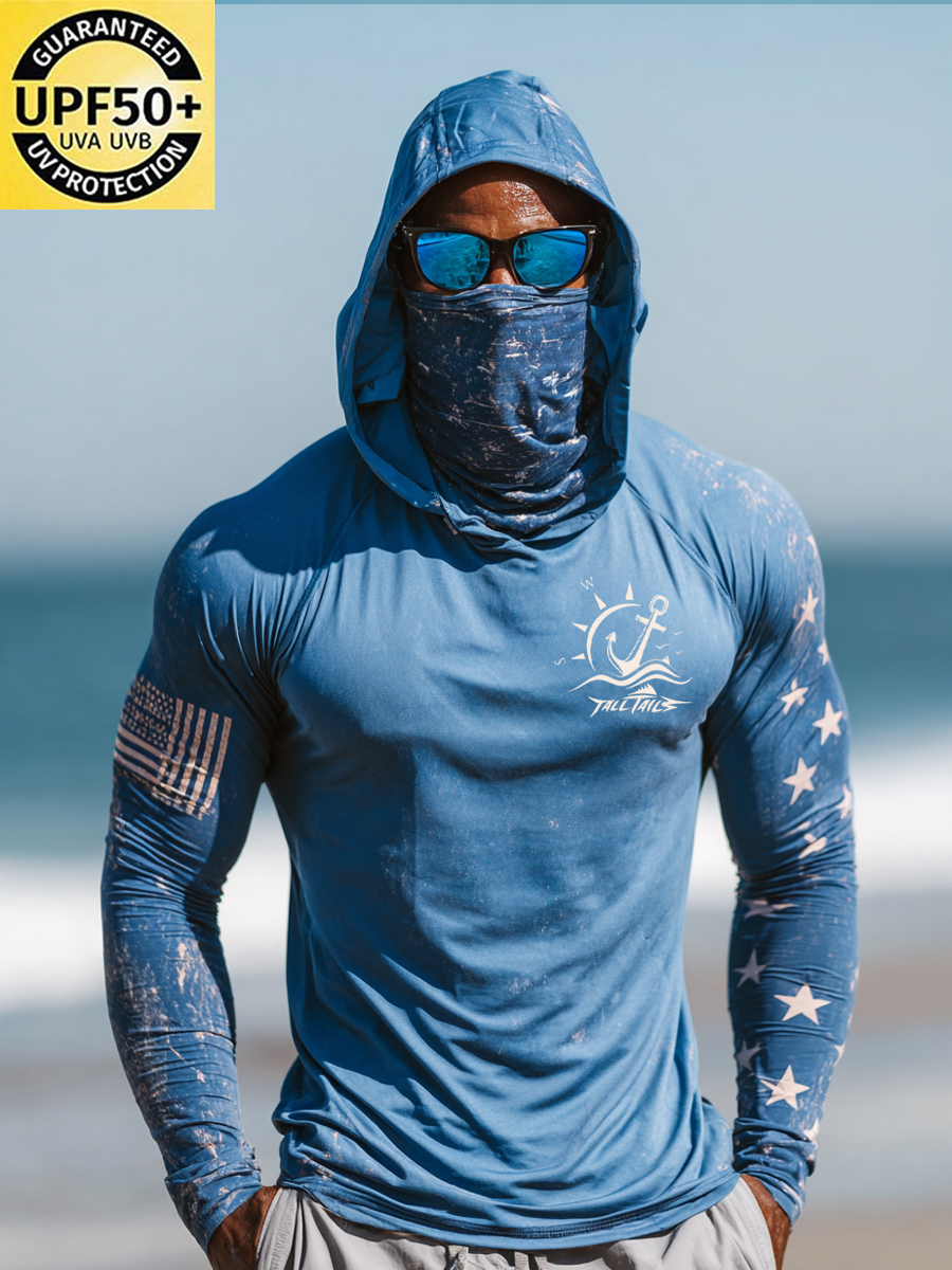 Men's Raglan Sleeve Finger Gloves Face Mask Anchor Nautical Star Flag Print Sun Protection Hoodie-SunSeaUp