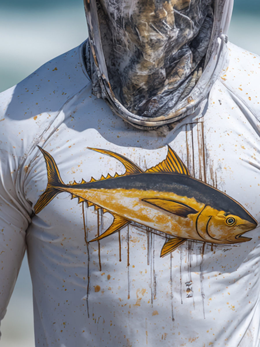Men's Outdoor Sun Protection Breathable Cool Mask Yellowfin Tuna Fish Graffiti Print Hooded Sun Protection Long Sleeve Top-SunSeaUp