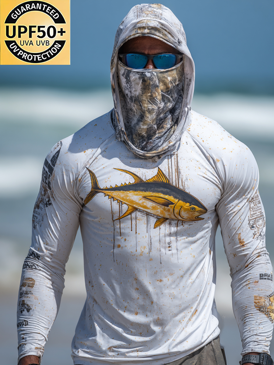 Men's Outdoor Sun Protection Breathable Cool Mask Yellowfin Tuna Fish Graffiti Print Hooded Sun Protection Long Sleeve Top-SunSeaUp