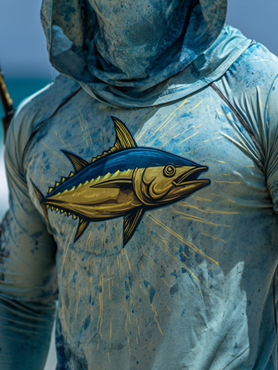Men's Outdoor Sun Protection Breathable Cool Mask Ocean Blue Tuna Starburst Print Hooded Sun Protection Long Sleeve Top-SunSeaUp