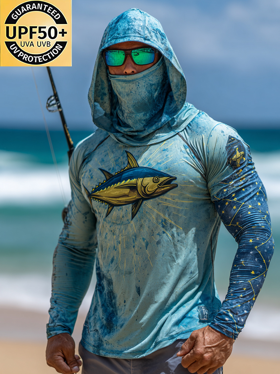 Men's Outdoor Sun Protection Breathable Cool Mask Ocean Blue Tuna Starburst Print Hooded Sun Protection Long Sleeve Top-SunSeaUp