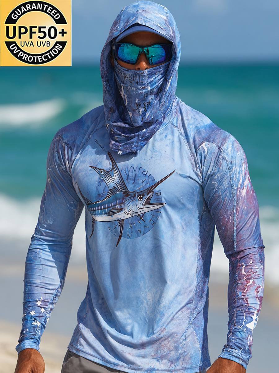 Men's Outdoor Sun Protection Breathable Cool Mask Blue Tie-Dye Sailfish Vintage Compass Print Hooded Sun Protection Long Sleeve Top-SunSeaUp