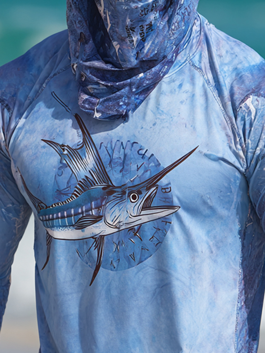 Men's Outdoor Sun Protection Breathable Cool Mask Blue Tie-Dye Sailfish Vintage Compass Print Hooded Sun Protection Long Sleeve Top-SunSeaUp