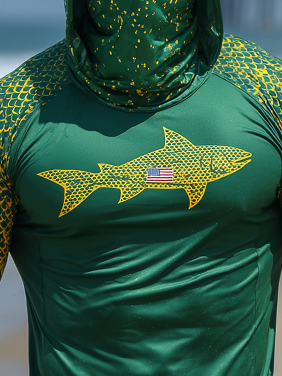 Men's Outdoor Sun Protection Breathable Cool Mask Green Yellow Gradient Fish Scale Shark Print Hooded Sun Protection Long Sleeve Top-SunSeaUp
