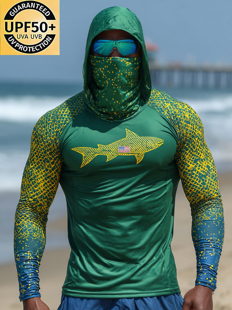 Men's Outdoor Sun Protection Breathable Cool Mask Green Yellow Gradient Fish Scale Shark Print Hooded Sun Protection Long Sleeve Top-SunSeaUp