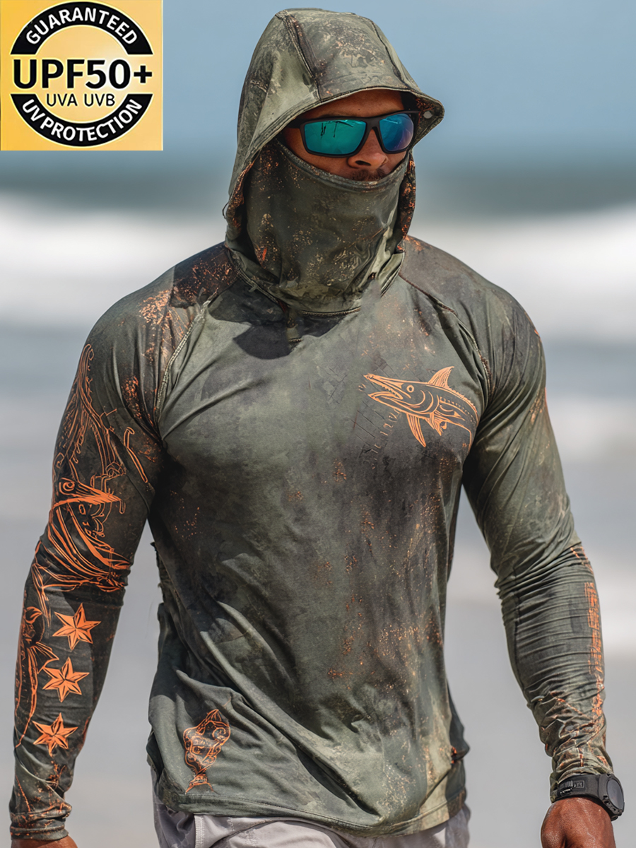 Men's Outdoor Sun Protection Breathable Cool Mask Dark Olive Camo Marlin Orange Line Star Splatter Print Hooded Sun Protection Long Sleeve Top-SunSeaUp