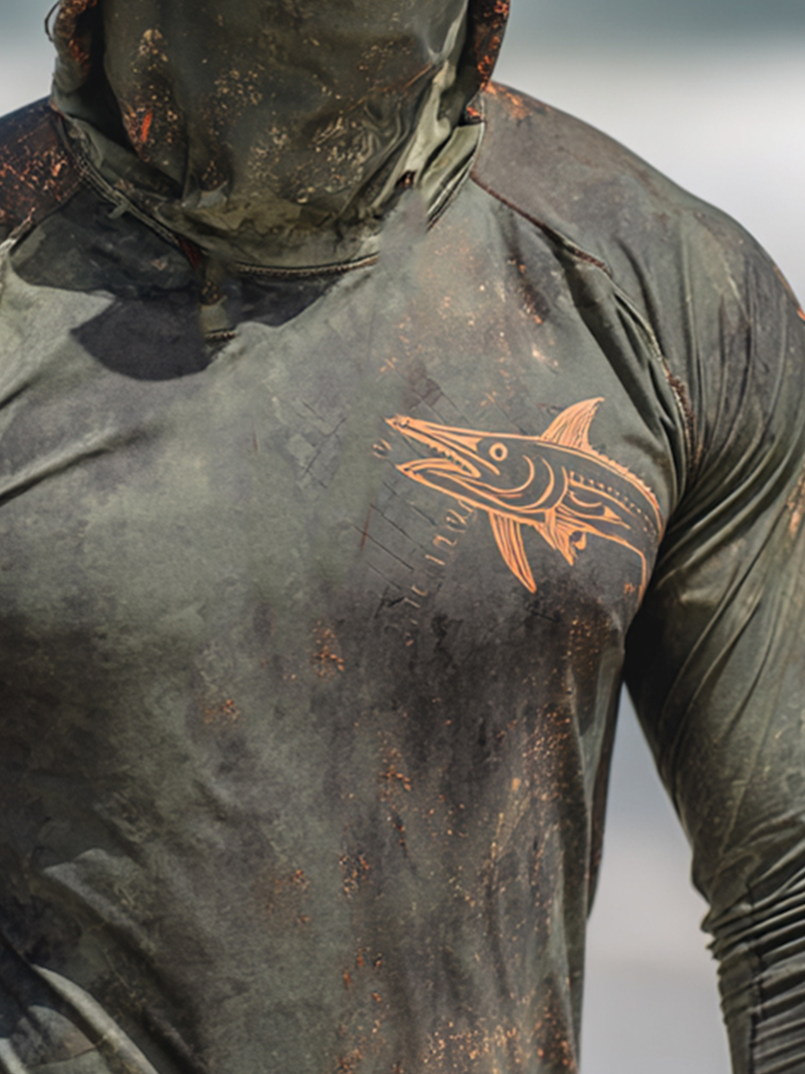 Men's Outdoor Sun Protection Breathable Cool Mask Dark Olive Camo Marlin Orange Line Star Splatter Print Hooded Sun Protection Long Sleeve Top-SunSeaUp