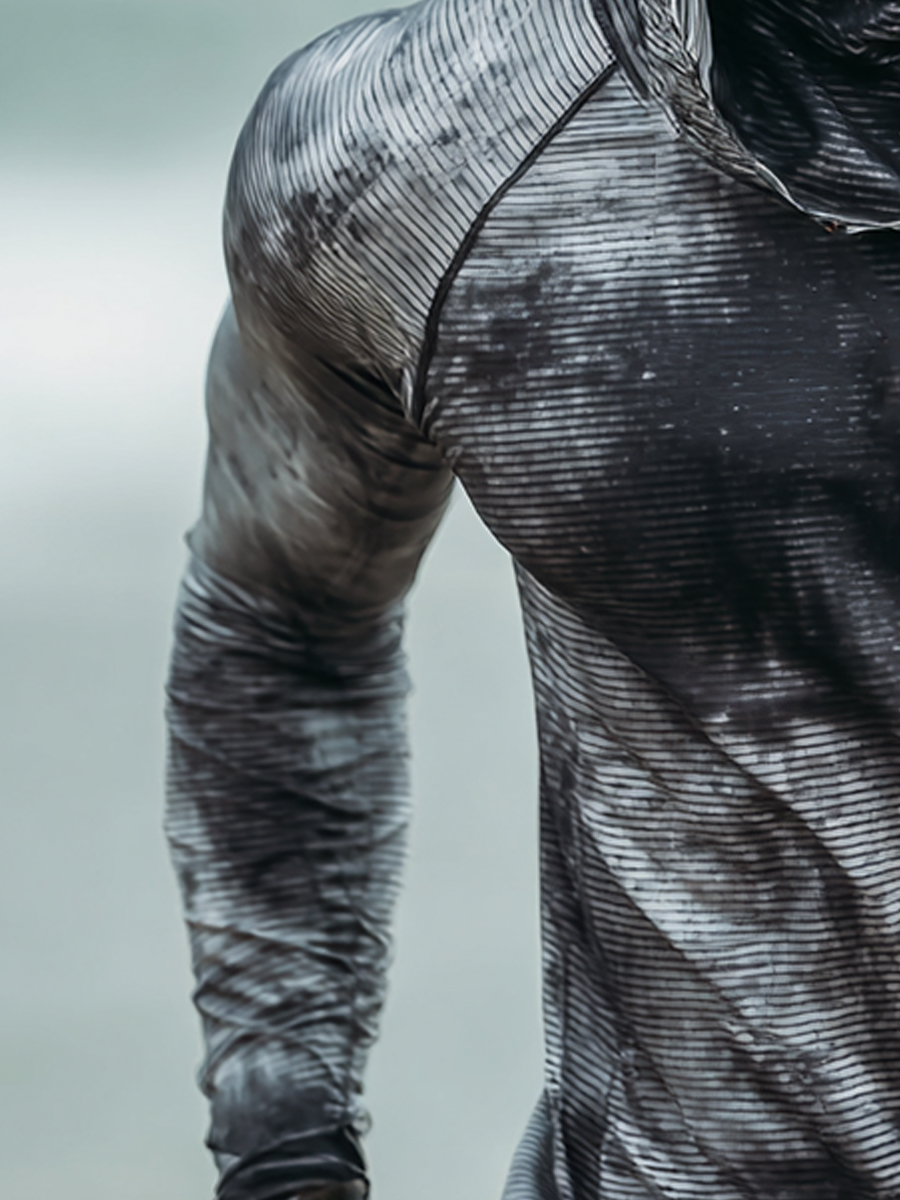 Men's Outdoor Sun Protection Breathable Cool Mask Grey Black Gradient Stripe Print Hooded Sun Protection Long Sleeve Top-SunSeaUp