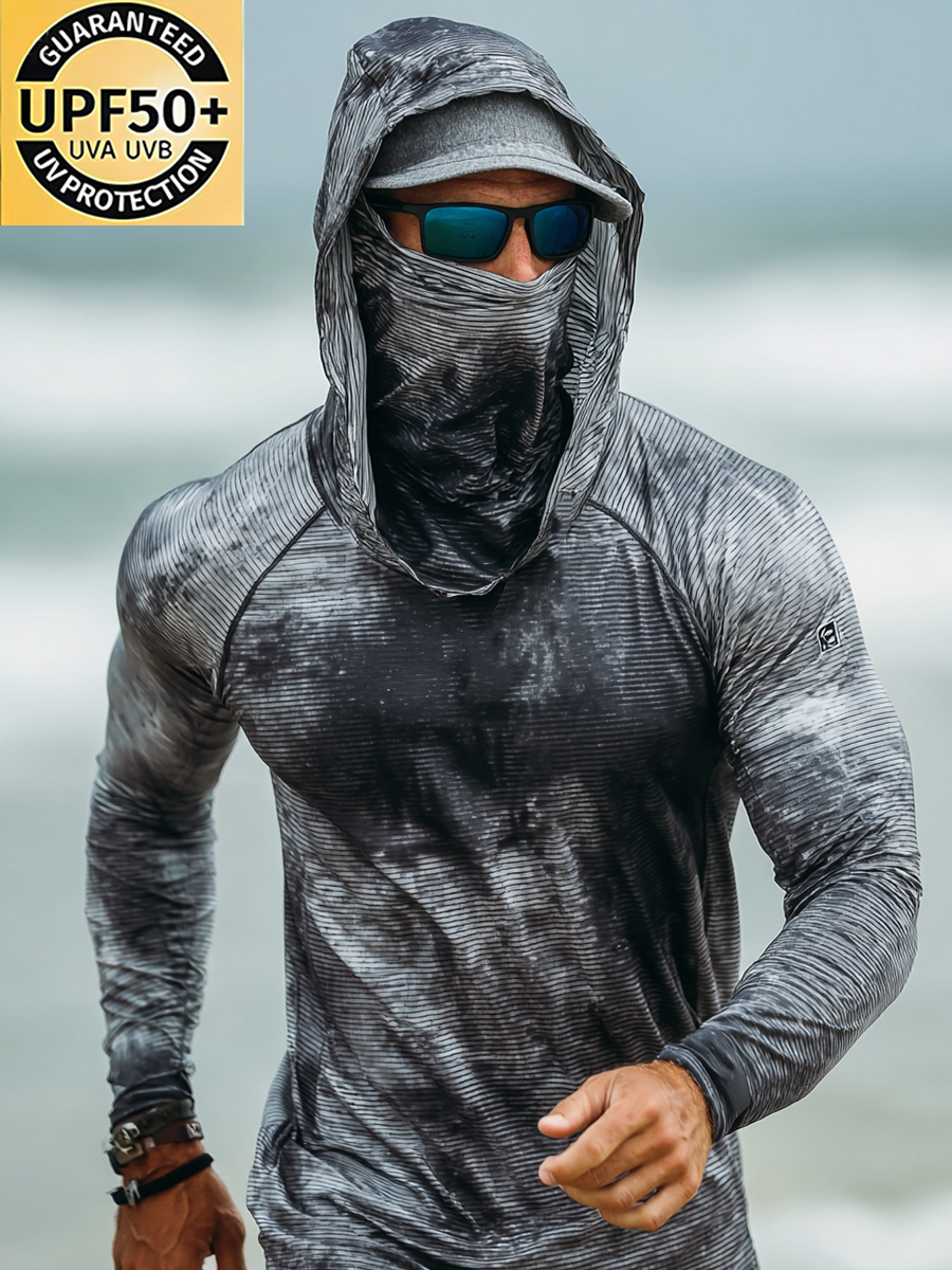 Men's Outdoor Sun Protection Breathable Cool Mask Grey Black Gradient Stripe Print Hooded Sun Protection Long Sleeve Top-SunSeaUp
