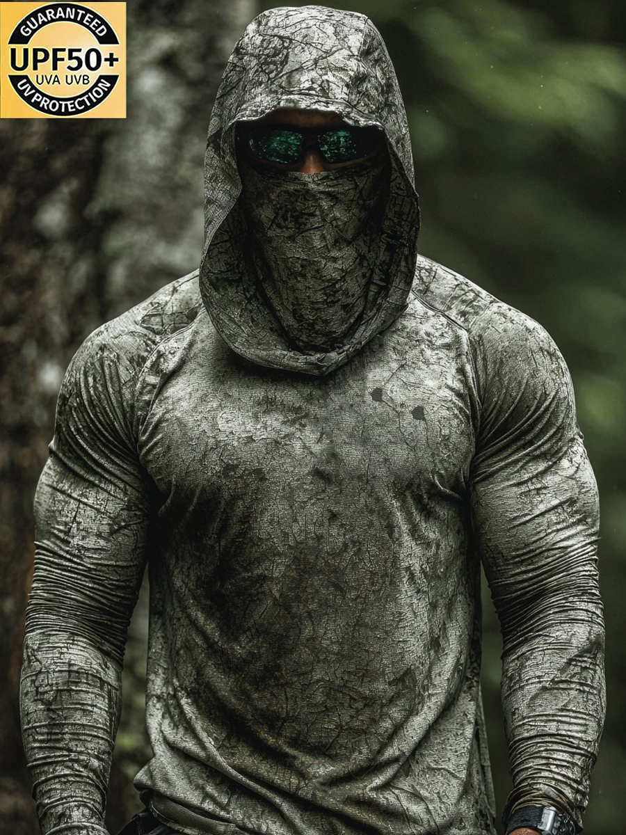 Men'S UPF 50+ Sun Protection Hoodie-Jungle Camouflage Long-Sleeved High-Performance Shirt With Built-In Face Mask.-SunSeaUp
