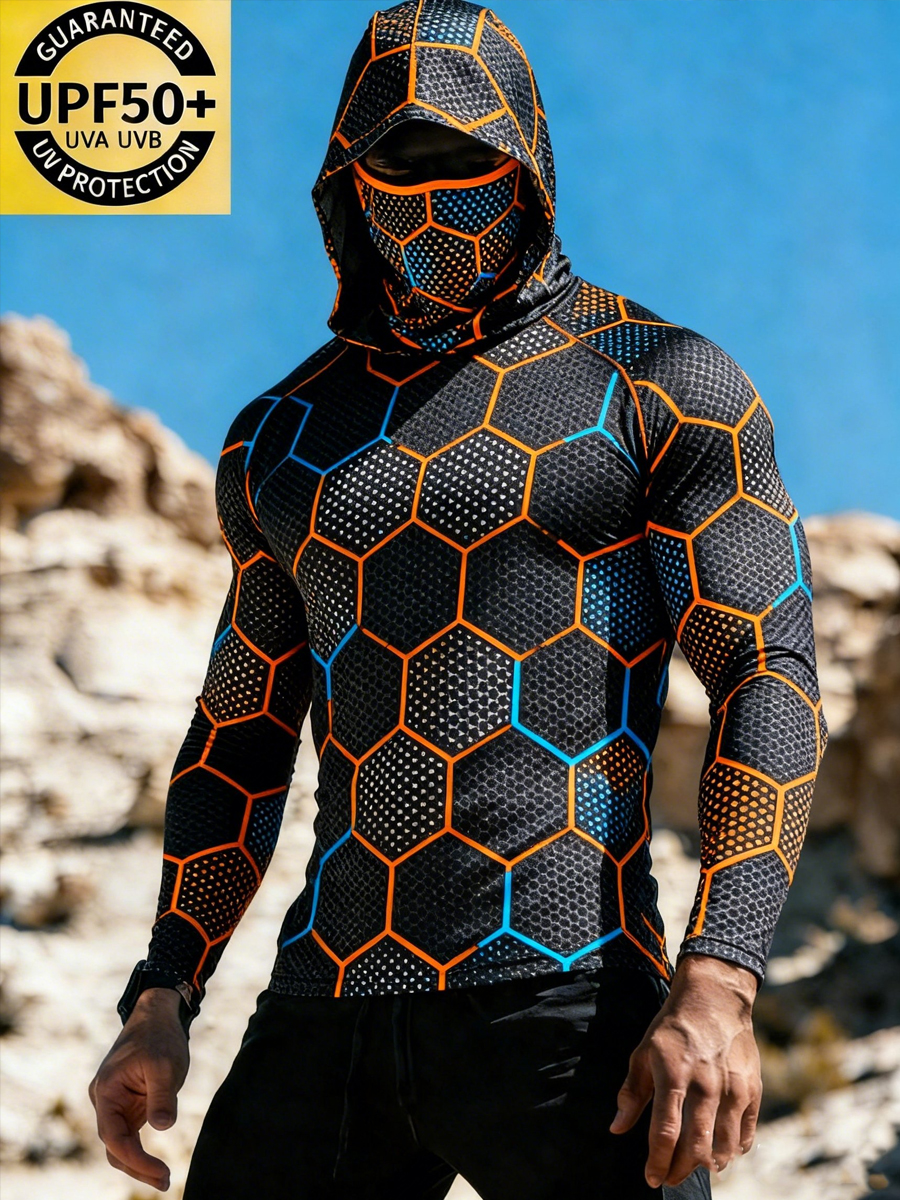Men'S UPF 50+ Sun Protection Hoodie - Black Hexagonal Honeycomb Pattern - Built-In Face Cover-SunSeaUp
