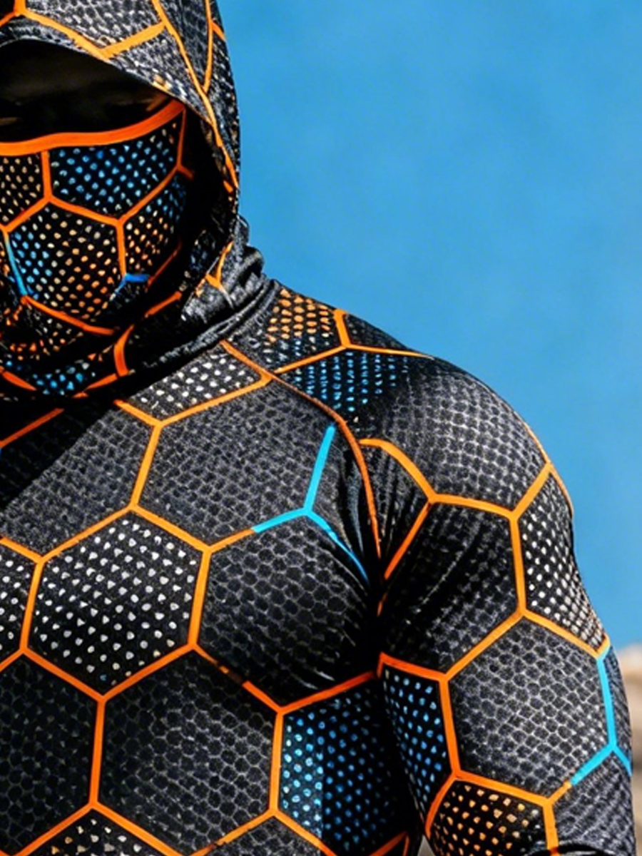 Men'S UPF 50+ Sun Protection Hoodie - Black Hexagonal Honeycomb Pattern - Built-In Face Cover-SunSeaUp