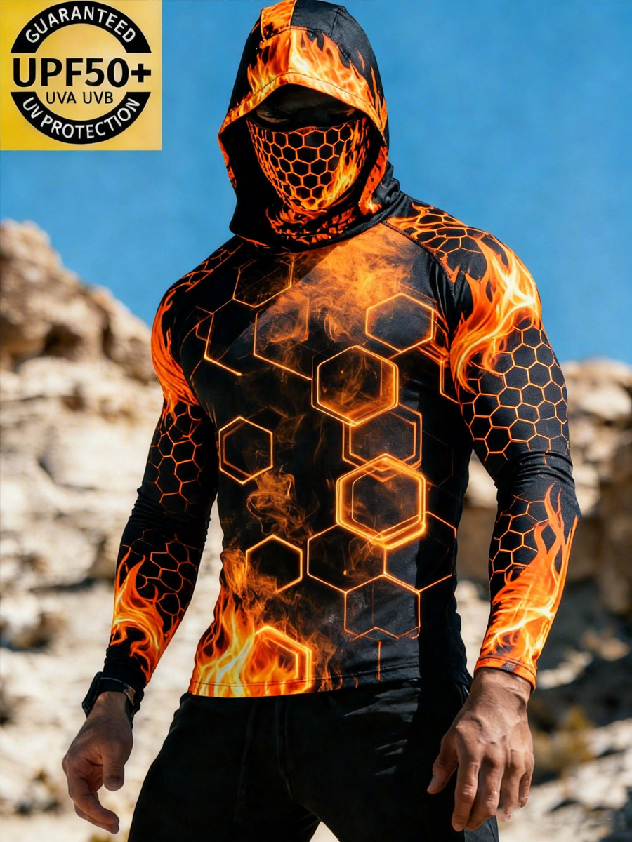 Men'S UPF 50+ Sun Protection Hoodie - Flame And Hexagonal Honeycomb Pattern - Built-In Face Mask-SunSeaUp