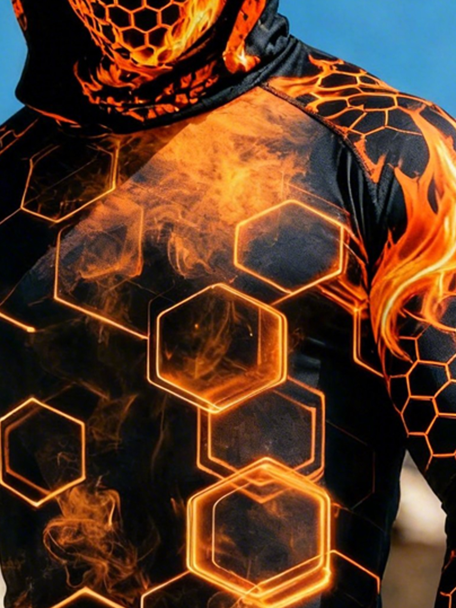 Men'S UPF 50+ Sun Protection Hoodie - Flame And Hexagonal Honeycomb Pattern - Built-In Face Mask-SunSeaUp