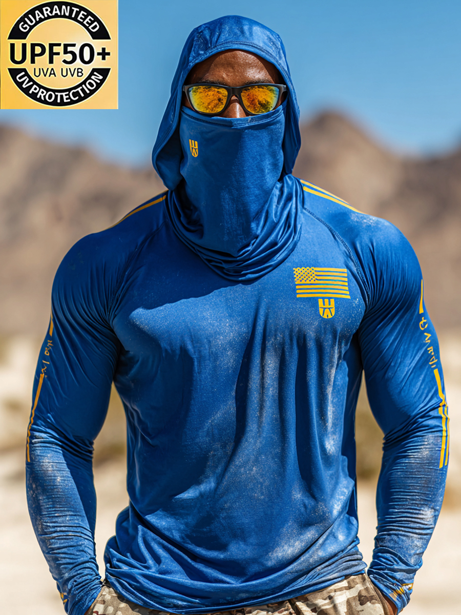 Men's Outdoor Sun Protection Breathable Cool Mask Blue with Yellow Flag Print Hooded Sun Protection Long Sleeve Top-SunSeaUp