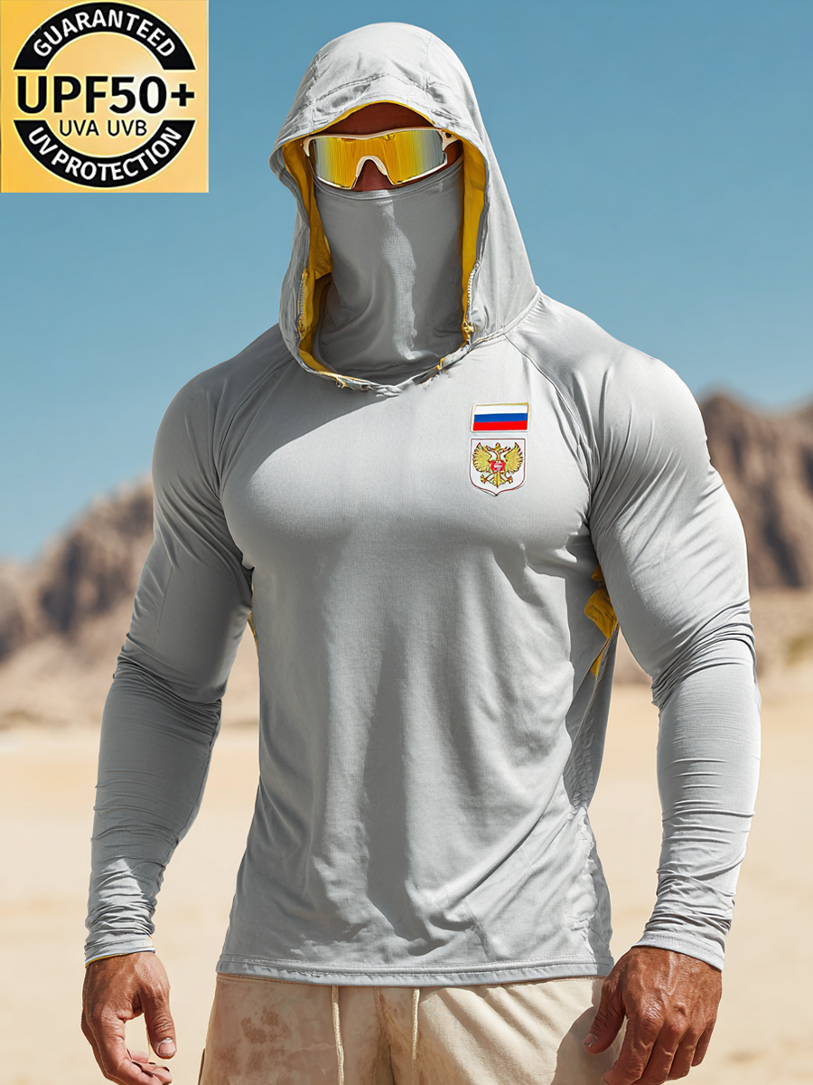 Men's Outdoor Sun Protection Breathable Cool Mask Grey with Russian Emblem Print Hooded Sun Protection Long Sleeve Top-SunSeaUp