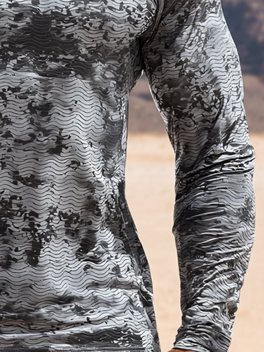 Men's Outdoor Sun Protection Breathable Cool Mask Grey Black Wave Camo Print Hooded Sun Protection Long Sleeve Top-SunSeaUp