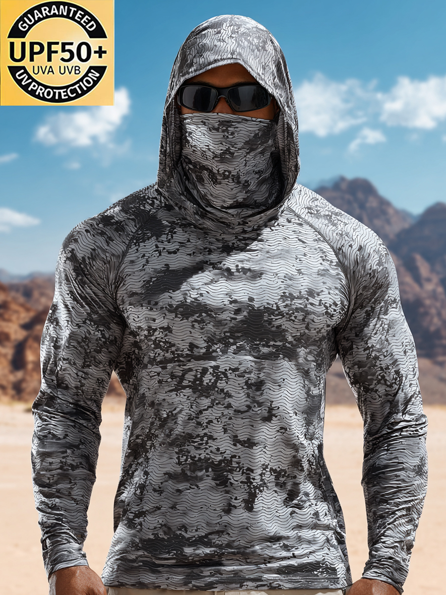Men's Outdoor Sun Protection Breathable Cool Mask Grey Black Wave Camo Print Hooded Sun Protection Long Sleeve Top-SunSeaUp