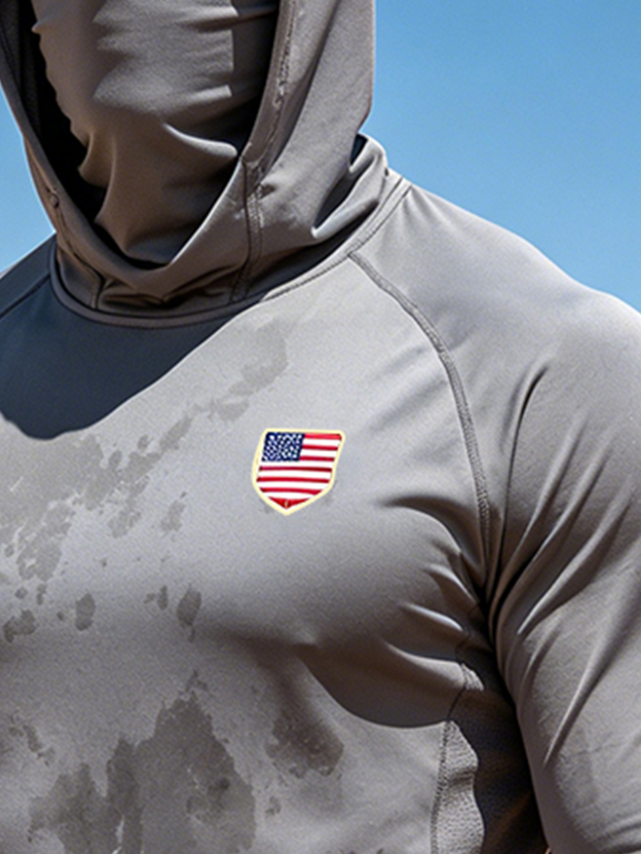 Men's Outdoor Sun Protection Breathable Cool Mask Solid Grey with American Flag Print Hooded Sun Protection Long Sleeve Top-SunSeaUp