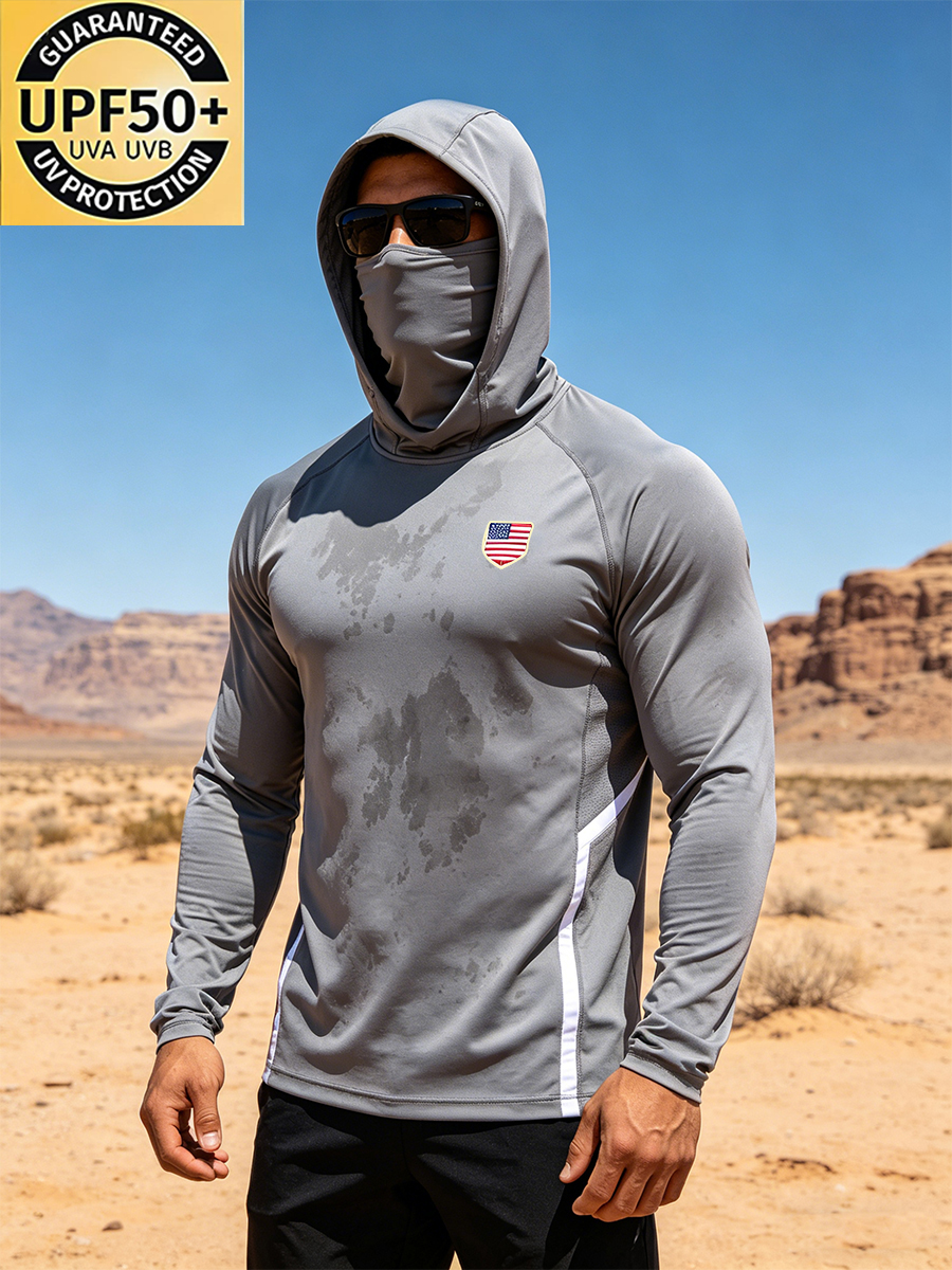 Men's Outdoor Sun Protection Breathable Cool Mask Solid Grey with American Flag Print Hooded Sun Protection Long Sleeve Top-SunSeaUp