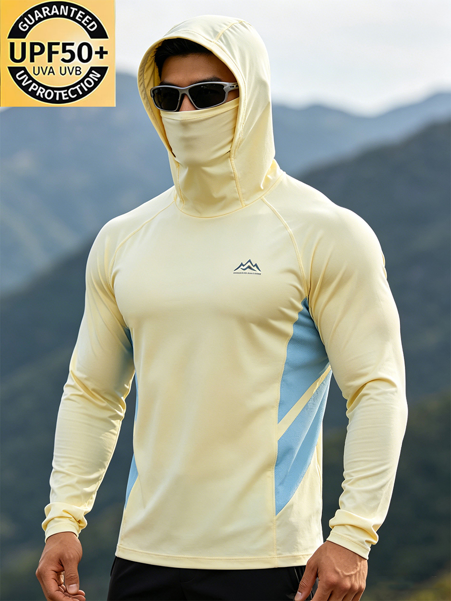 Men's Outdoor Sun Protection Breathable Cool Mask Light Yellow and Blue Mountain Logo Hooded Sun Protection Long Sleeve Top-SunSeaUp