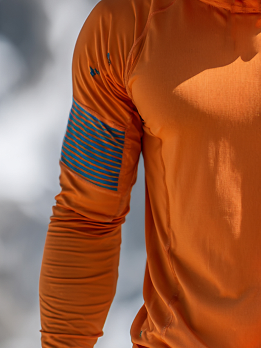 Men's Outdoor Sun Protection Breathable Cool Mask Bright Orange with Blue Mountain Logo Hooded Sun Protection Long Sleeve Top-SunSeaUp