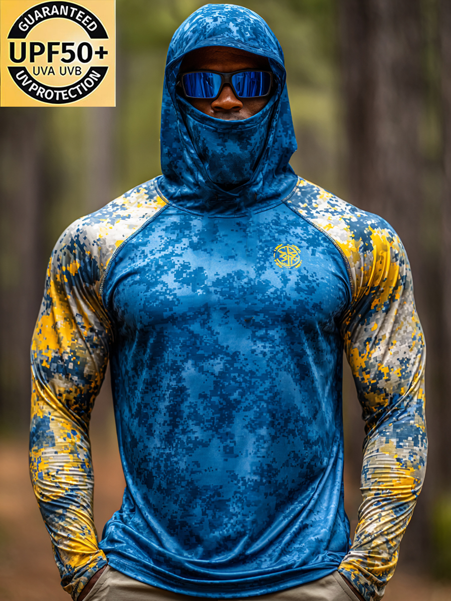 Men's Outdoor Sun Protection Breathable Cool Mask Blue Yellow Digital Camo Print Hooded Sun Protection Long Sleeve Top-SunSeaUp